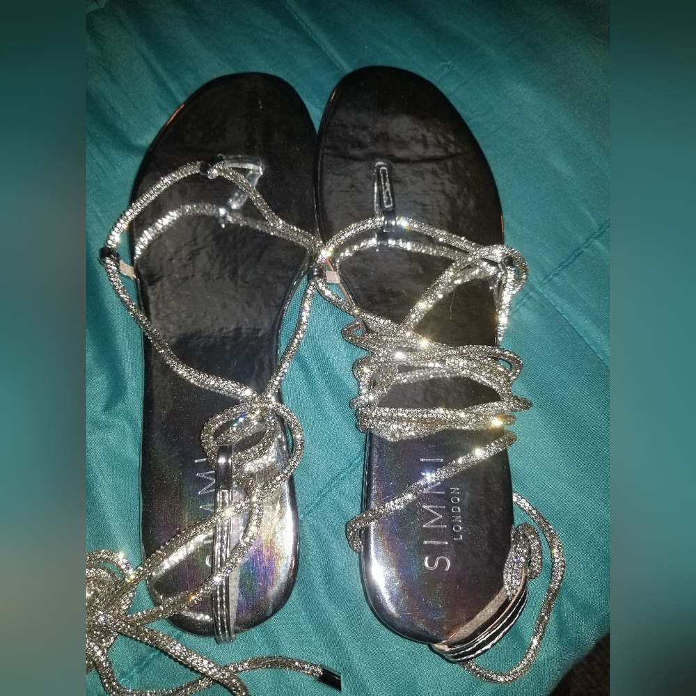 Elyse Silver Diamonte Lace Up Flat Sandals